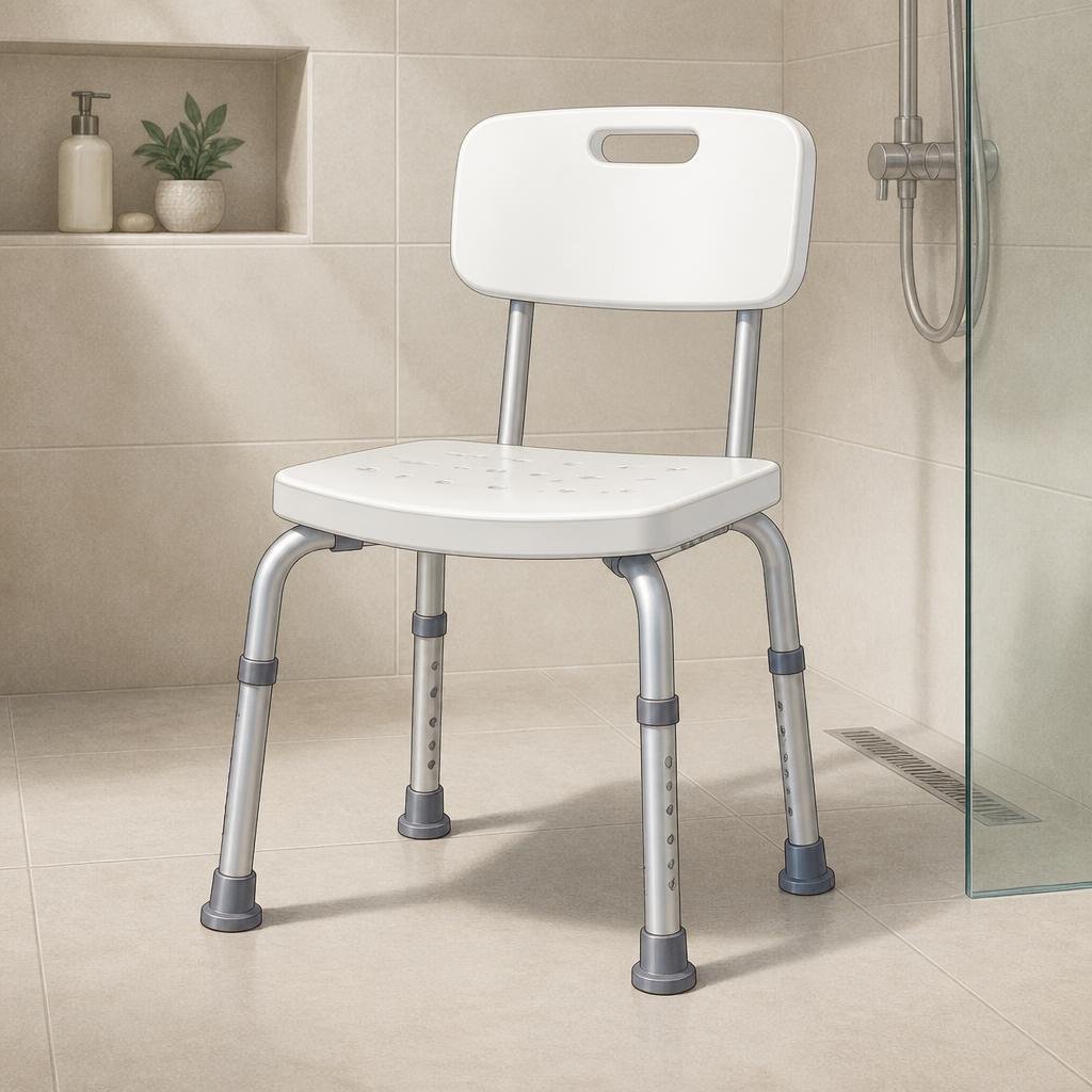 A shower chair with a seat, backrest and non-slip legs