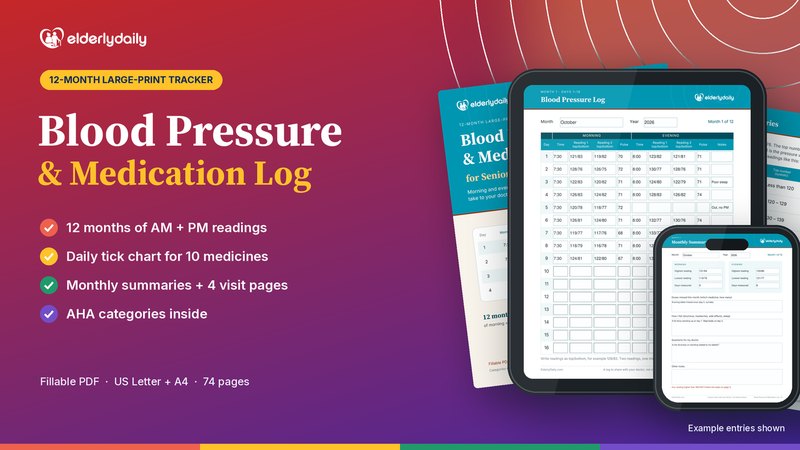 Blood Pressure & Medication Log for Seniors: 12-month large-print tracker