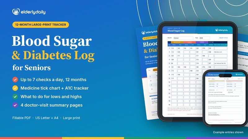 Blood Sugar & Diabetes Log for Seniors: 12-month large-print tracker