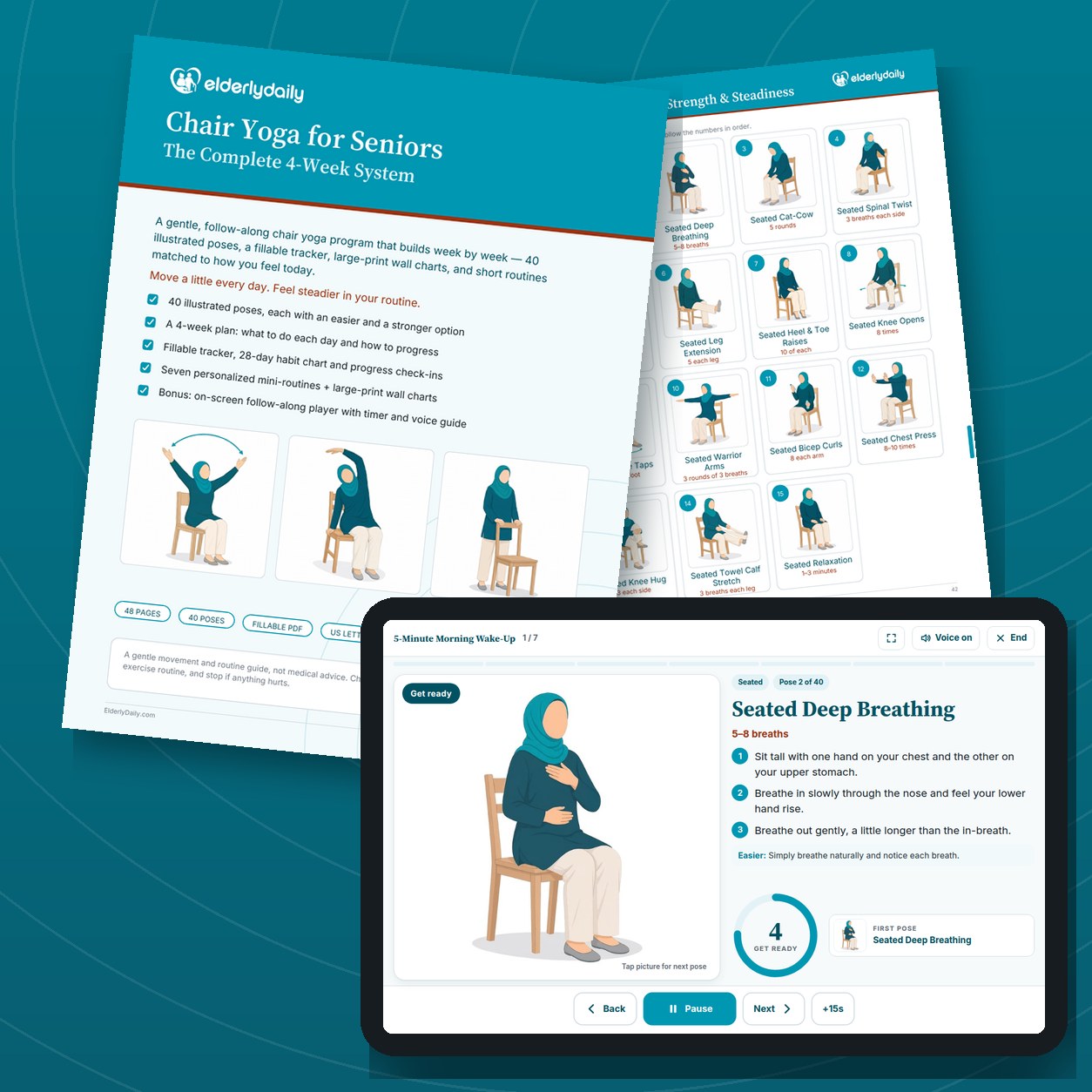 Chair Yoga for Seniors 4-Week System: the printable PDF and the on-screen Follow-Along Player