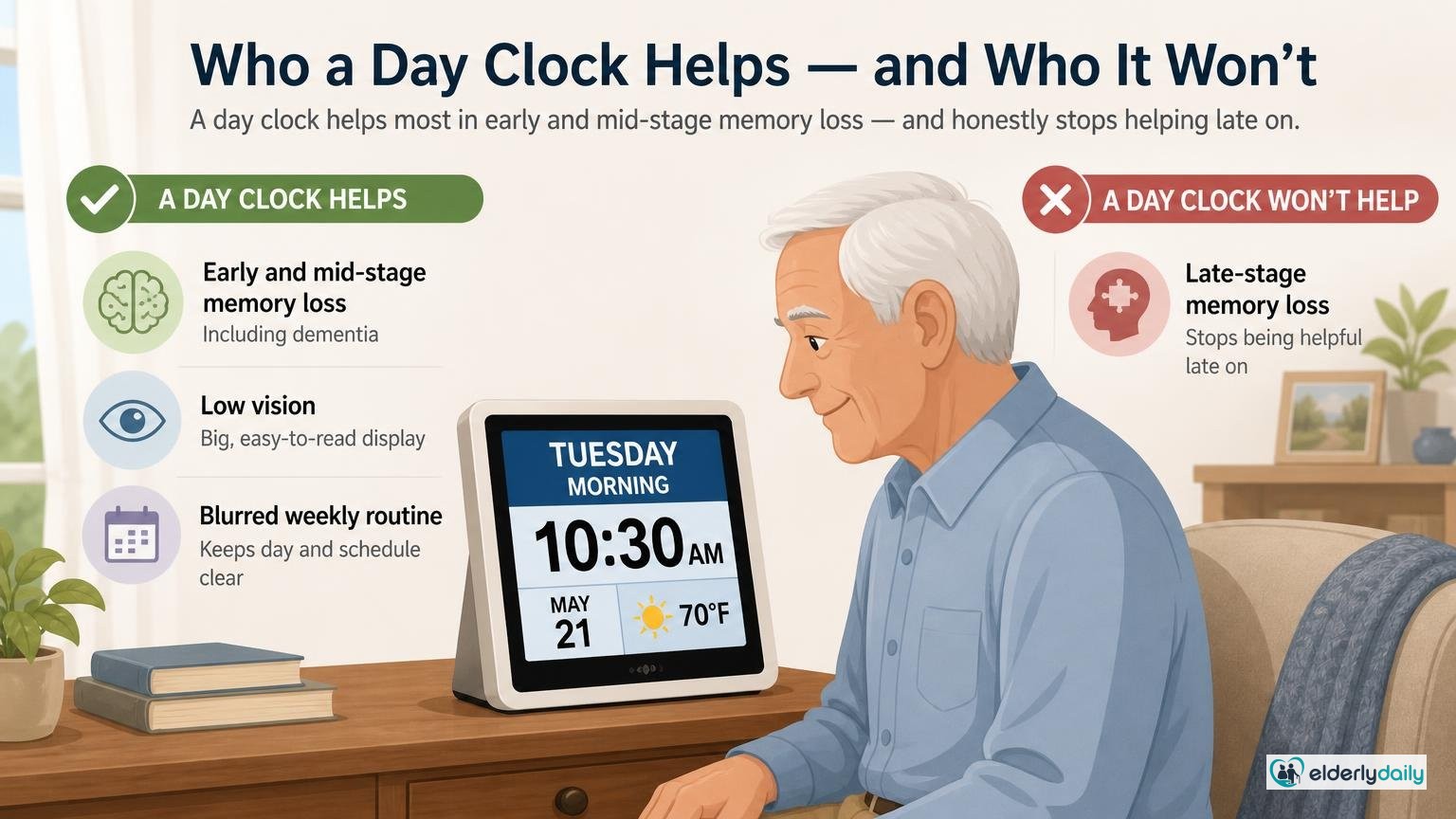 Illustration for American Lifetime Day Clock Review: Best Overall Dementia Clock (2026): Who it helps (and who it won't)