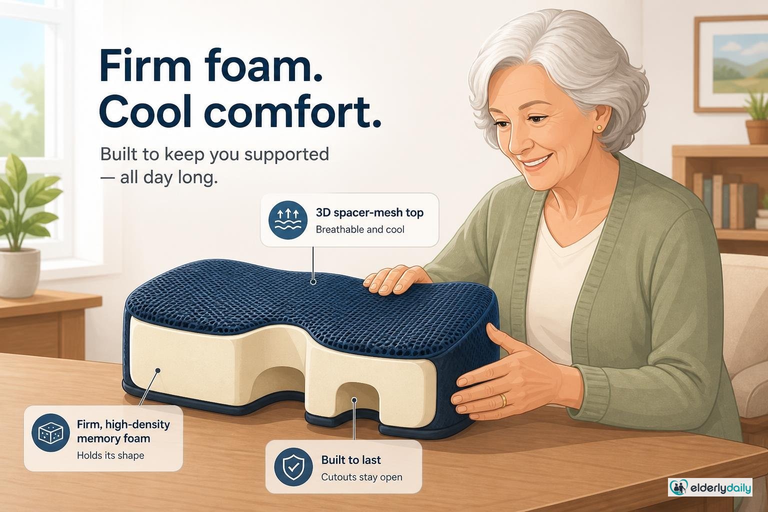 Illustration for Aylio Socket Seat Cushion Review: Best for Sit-Bone Pain (2026): Firm foam and a cool mesh top