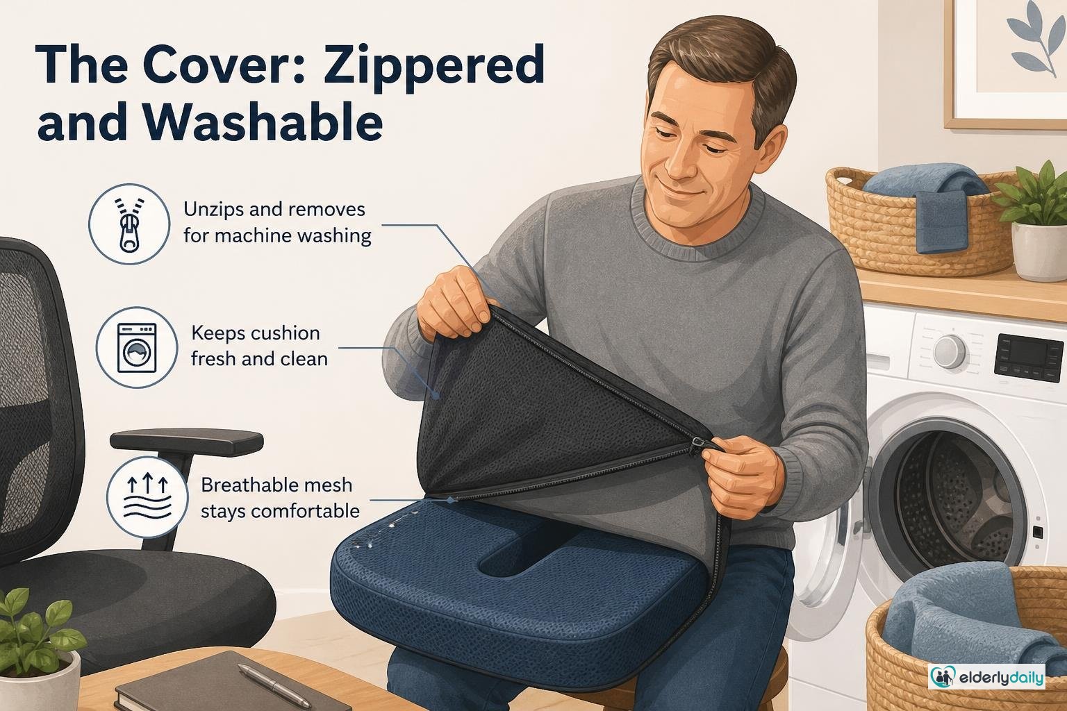 Illustration for Aylio Socket Seat Cushion Review: Best for Sit-Bone Pain (2026): The cover: zippered and washable