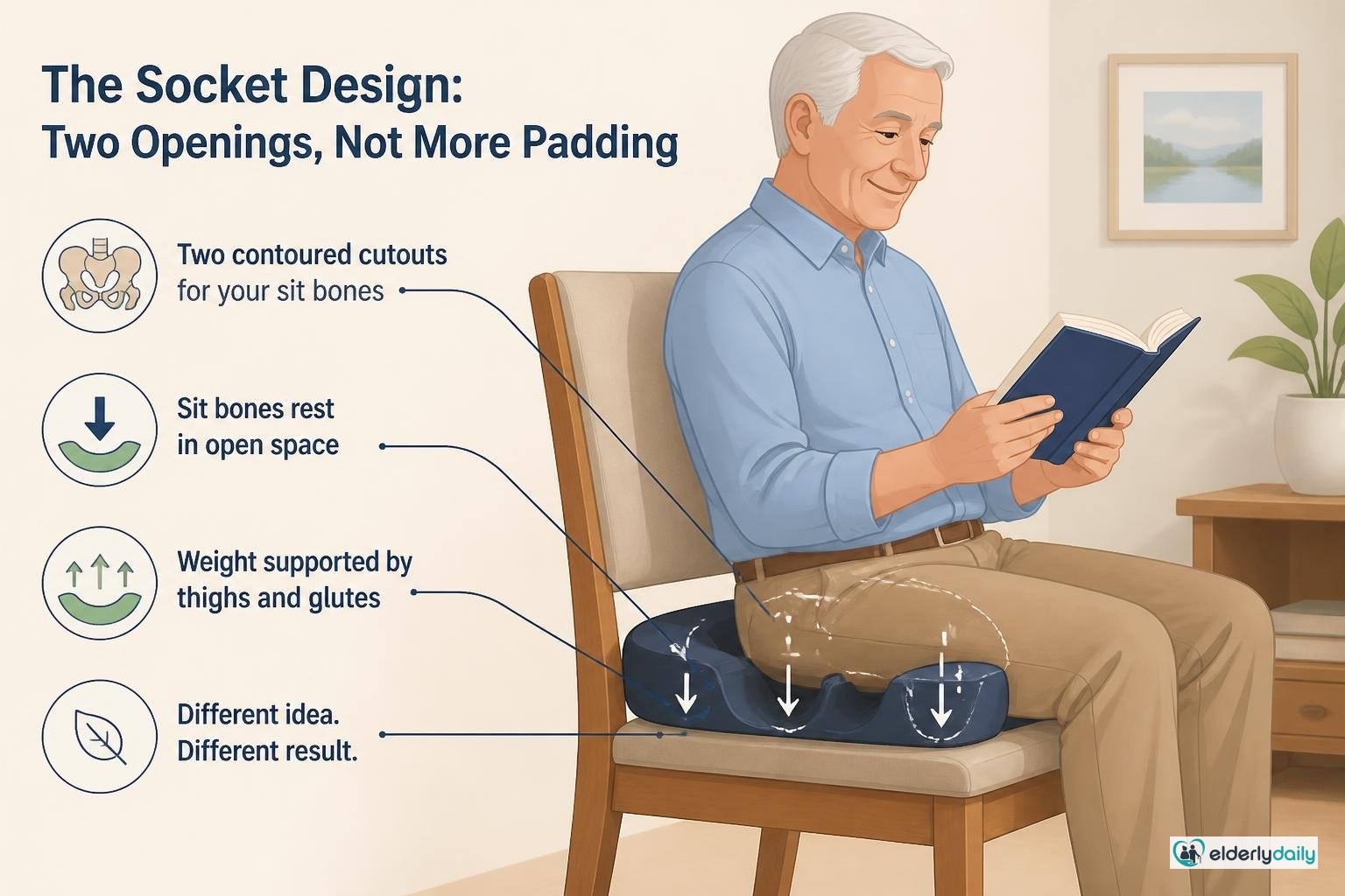 Illustration for Aylio Socket Seat Cushion Review: Best for Sit-Bone Pain (2026): The socket design: two openings, not more padding