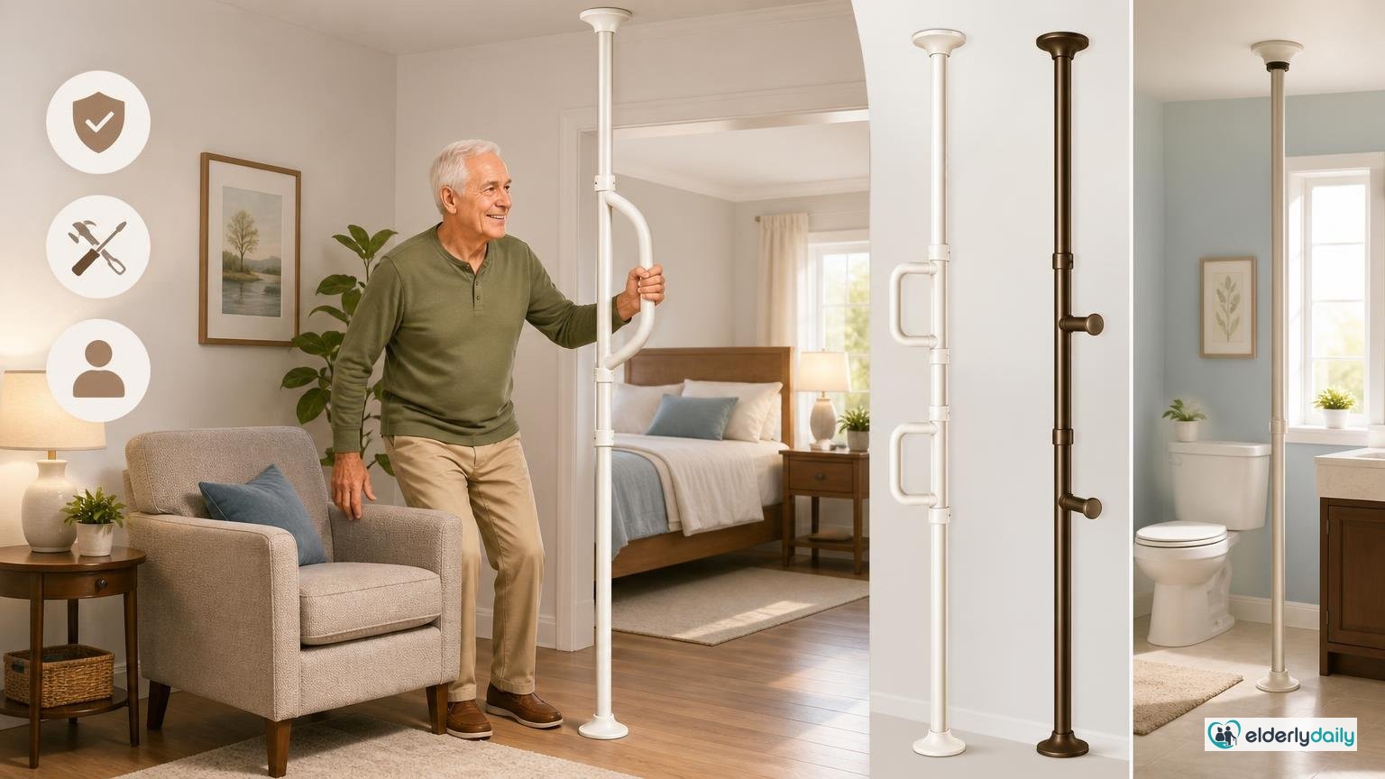 Best transfer poles for seniors 2026 — floor-to-ceiling tension poles with grab bars for bedroom and bathroom