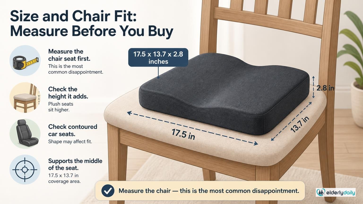Illustration for ComfiLife Gel Enhanced Memory Foam Seat Cushion Review: Size and chair fit: measure before you buy