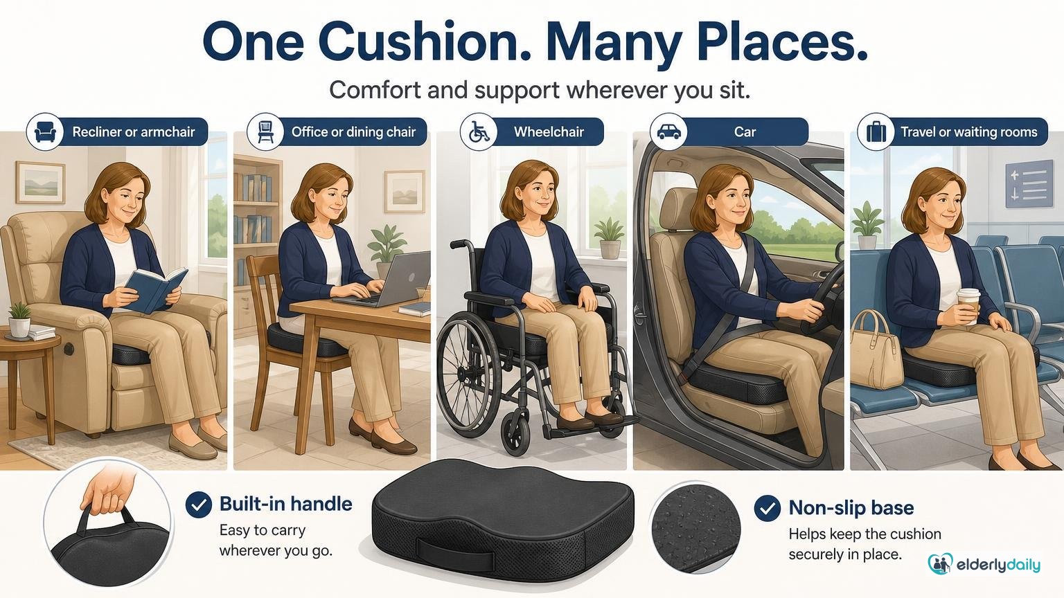 Illustration for ComfiLife Gel Enhanced Memory Foam Seat Cushion Review: Where it works: recliner, office, wheelchair, car, and travel