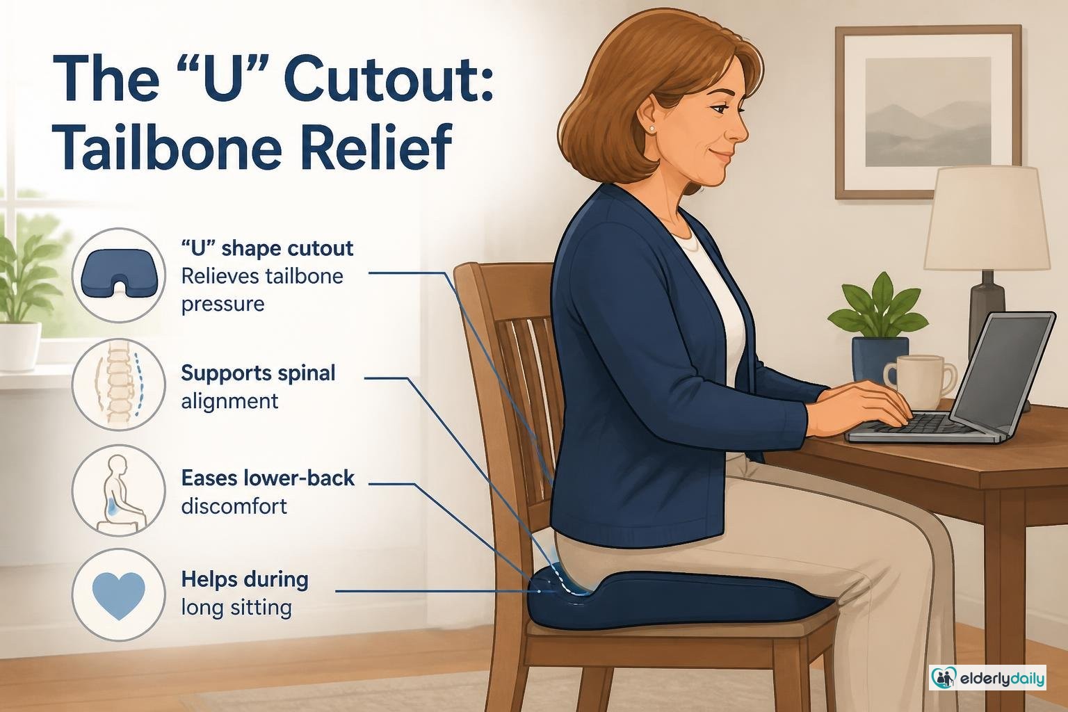 Illustration for Everlasting Comfort Seat Cushion Review: Best Value Pick (2026): The "U" cutout: tailbone relief"U" cutout: tailbone relief"U" cutout: tailbone relief