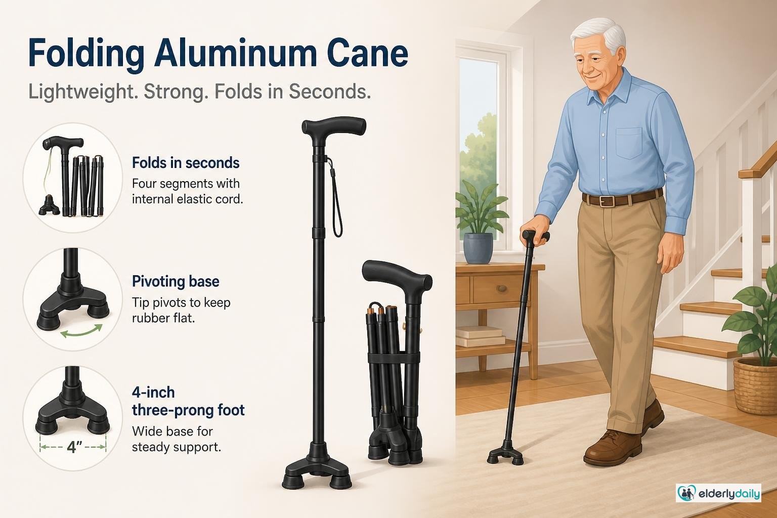 Illustration for HONEYBULL Walking Cane Review: Design and construction: a folding aluminum cane
