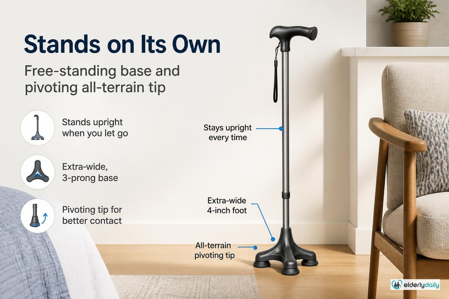 Illustration for HONEYBULL Walking Cane Review: The free-standing base and pivoting all-terrain tip