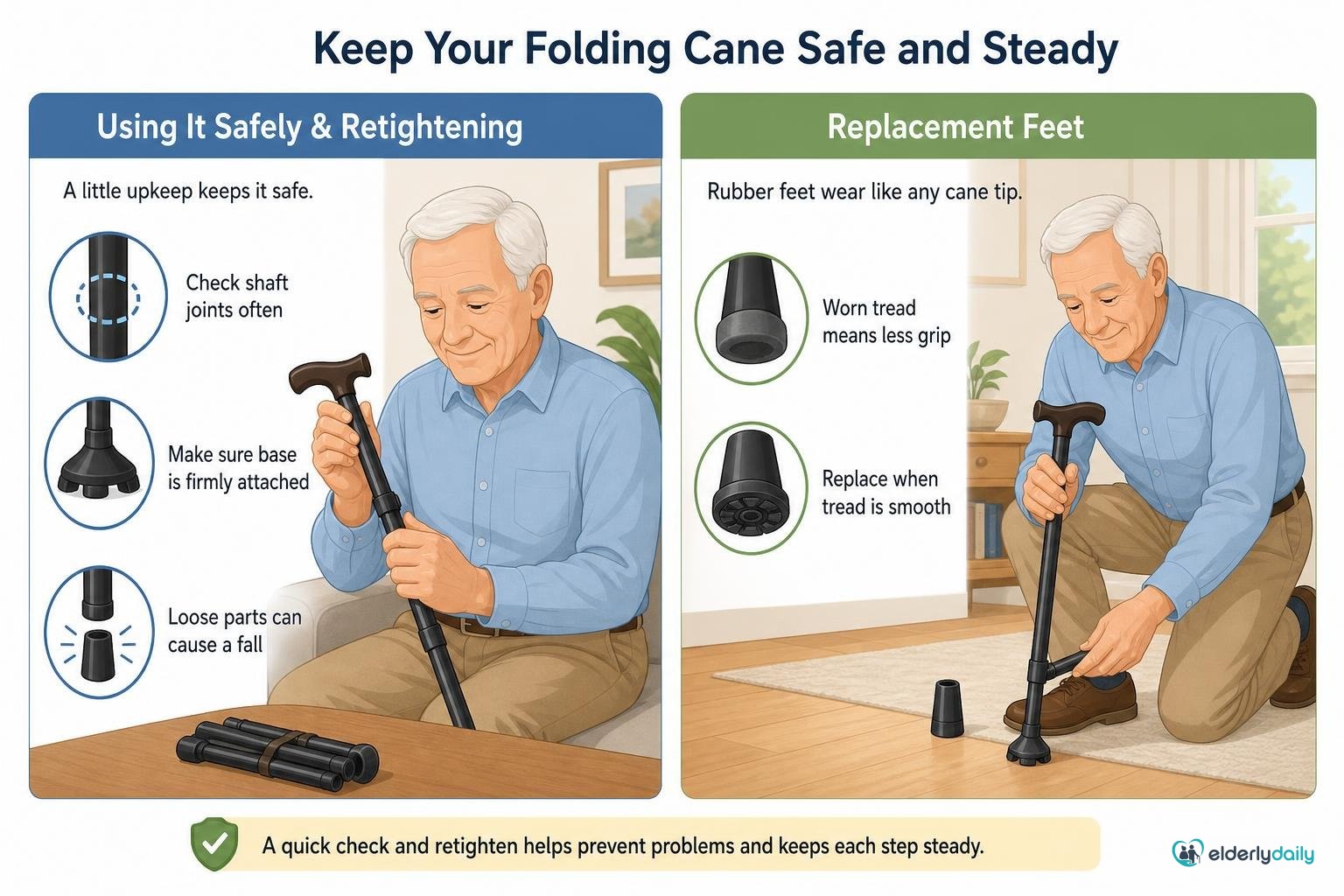 Illustration for HONEYBULL Walking Cane Review: Using it safely, retightening, and replacement feet