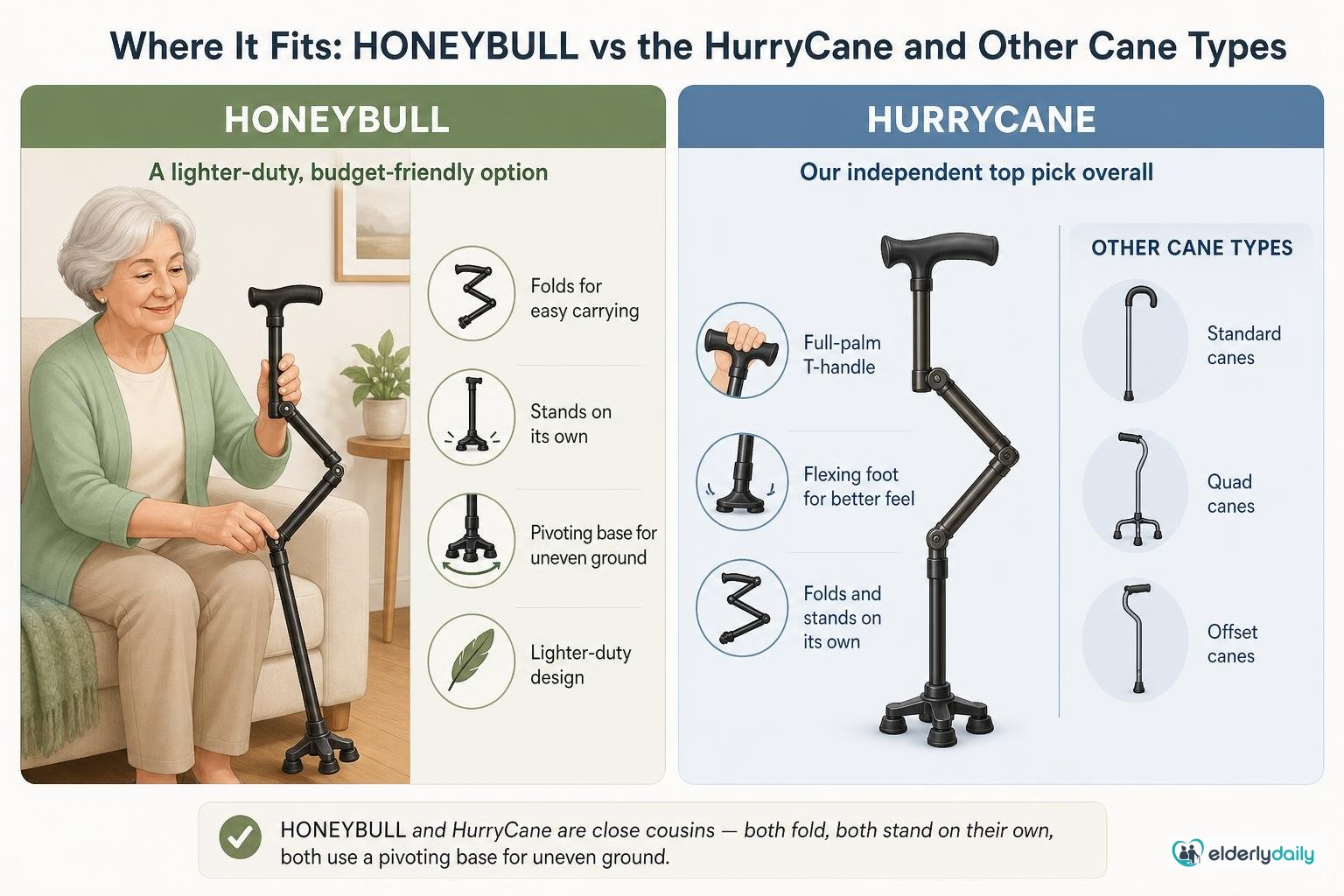 Illustration for HONEYBULL Walking Cane Review: Where it fits: HONEYBULL vs the HurryCane and other cane types
