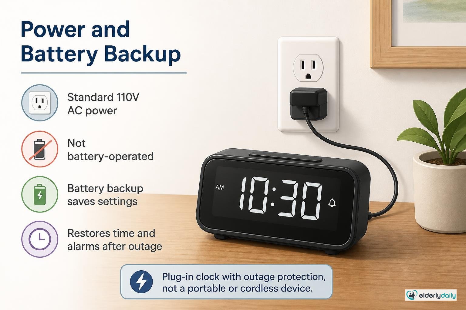 Illustration for JALL 8-Inch Day Clock Review: Best for Reminders & Auto-Dimming (2026): Power and battery backup