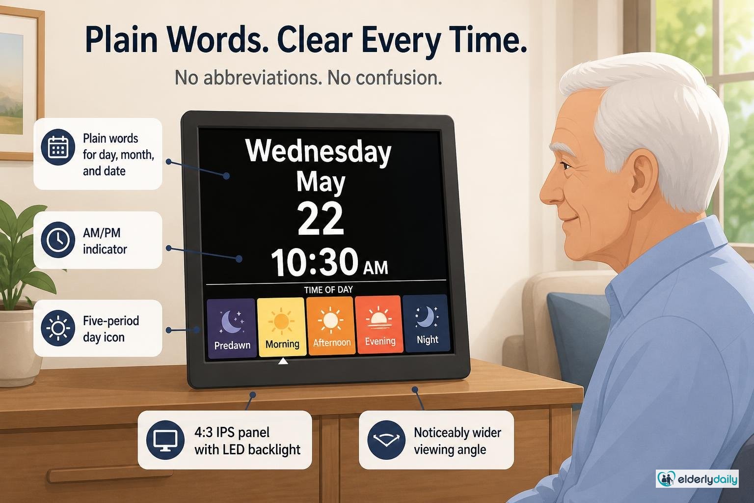 Illustration for JALL 8-Inch Day Clock Review: Best for Reminders & Auto-Dimming (2026): The display: plain words on a wide-angle IPS screen