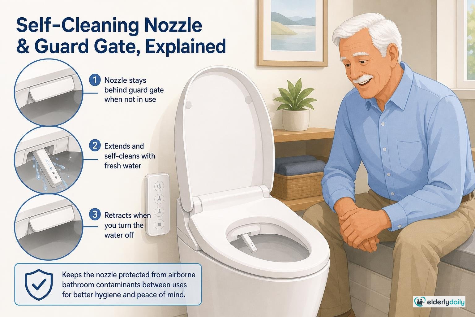 Illustration for Luxe Bidet Neo 120 Review (2026): Fit, Installation & Troubleshooting: The self-cleaning nozzle and guard gate, explained