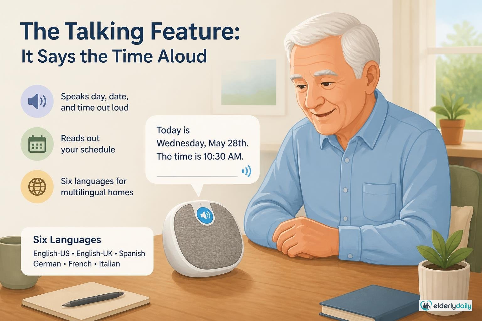 Illustration for ORKA Talking Clock Review: Best for Voice & Low Vision (2026): The talking feature: it says the time aloud