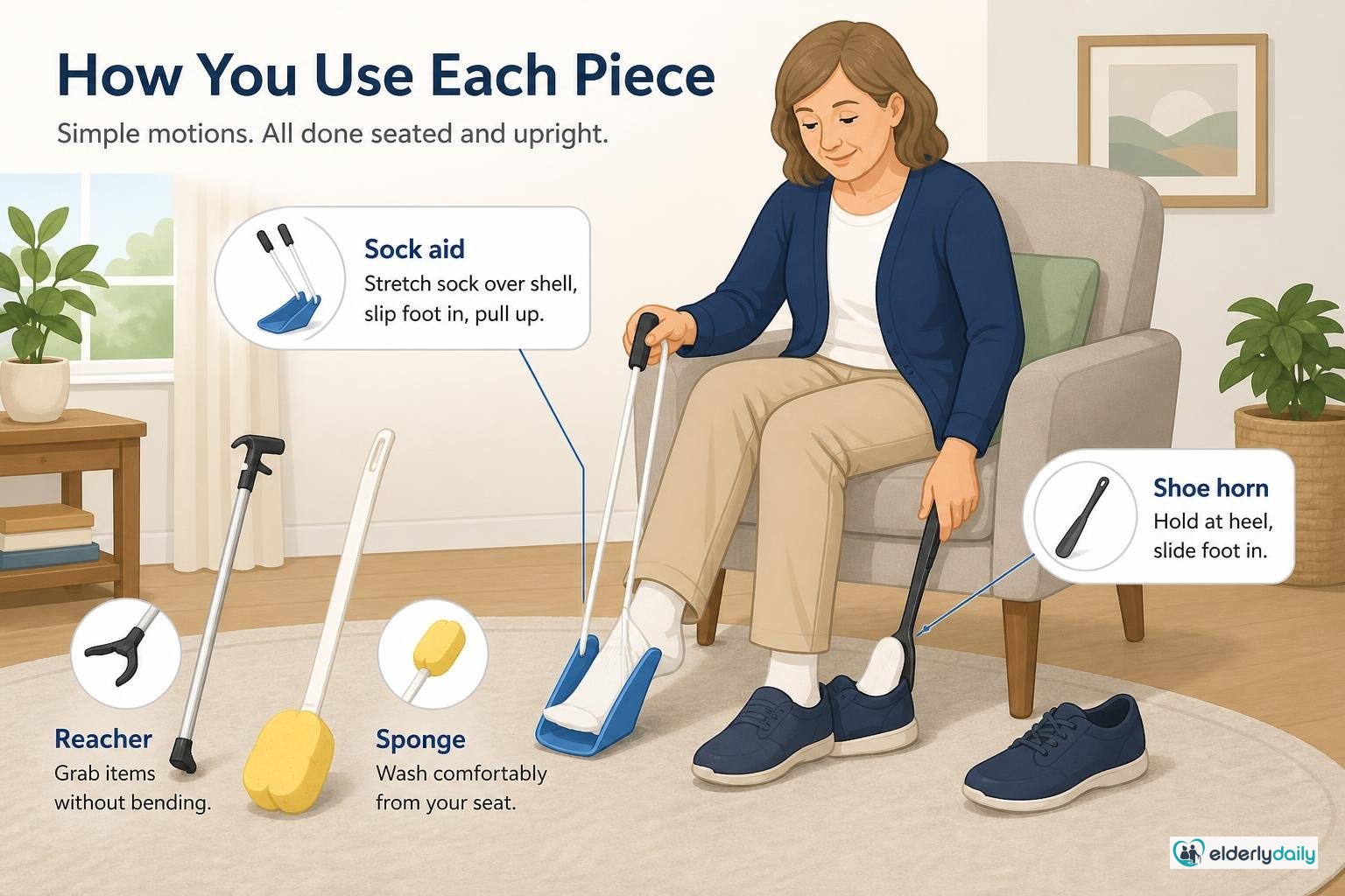 Illustration for RMS 4-Piece Hip Kit Review: Best for Hip Replacement Recovery (2026): How you use each piece