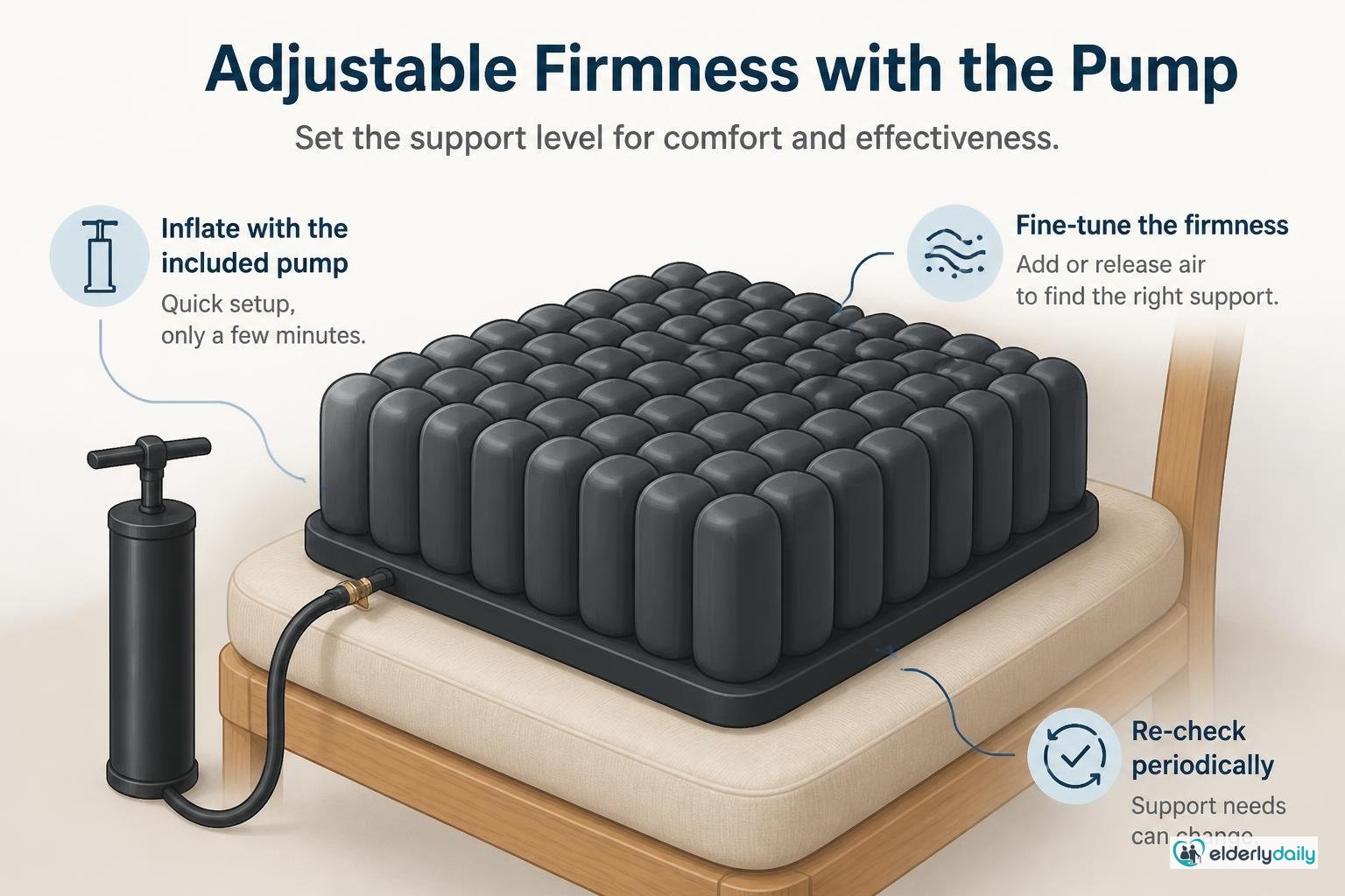 Illustration for Roho Mosaic Seat Cushion Review: Best for Pressure-Sore Risk (2026): Adjustable firmness with the pump