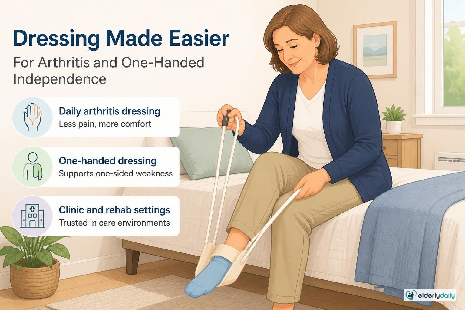 Illustration for Sammons Preston Sock Aid Review: Best Sock Aid for Arthritis & Weak Grip (2026): Where it fits: arthritis, one-handed dressing, and clinics
