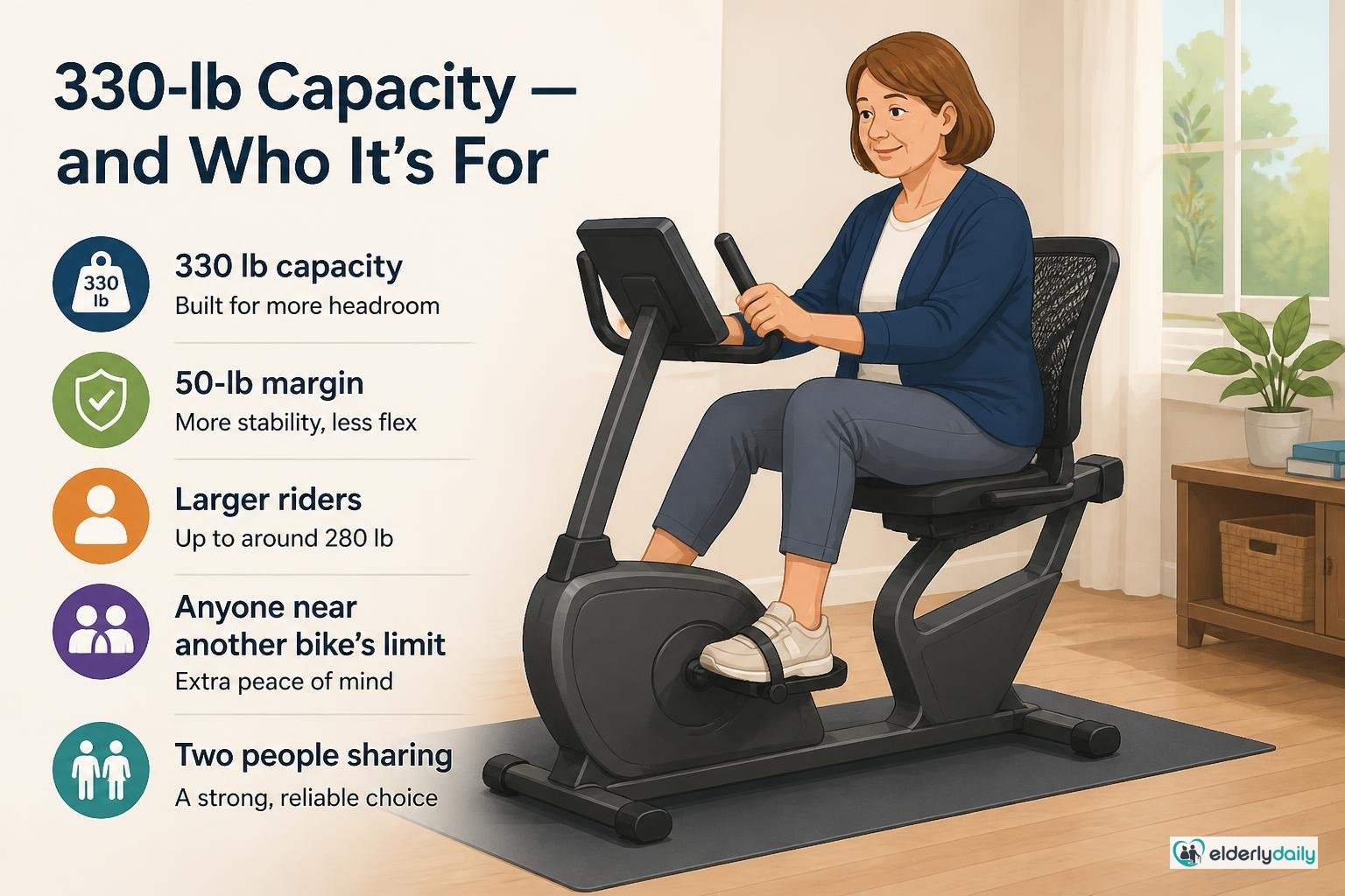 Illustration for Schwinn 290 Recumbent Bike Review: Best for Gradual Progression (2026): The 330-lb capacity — and who it is really for