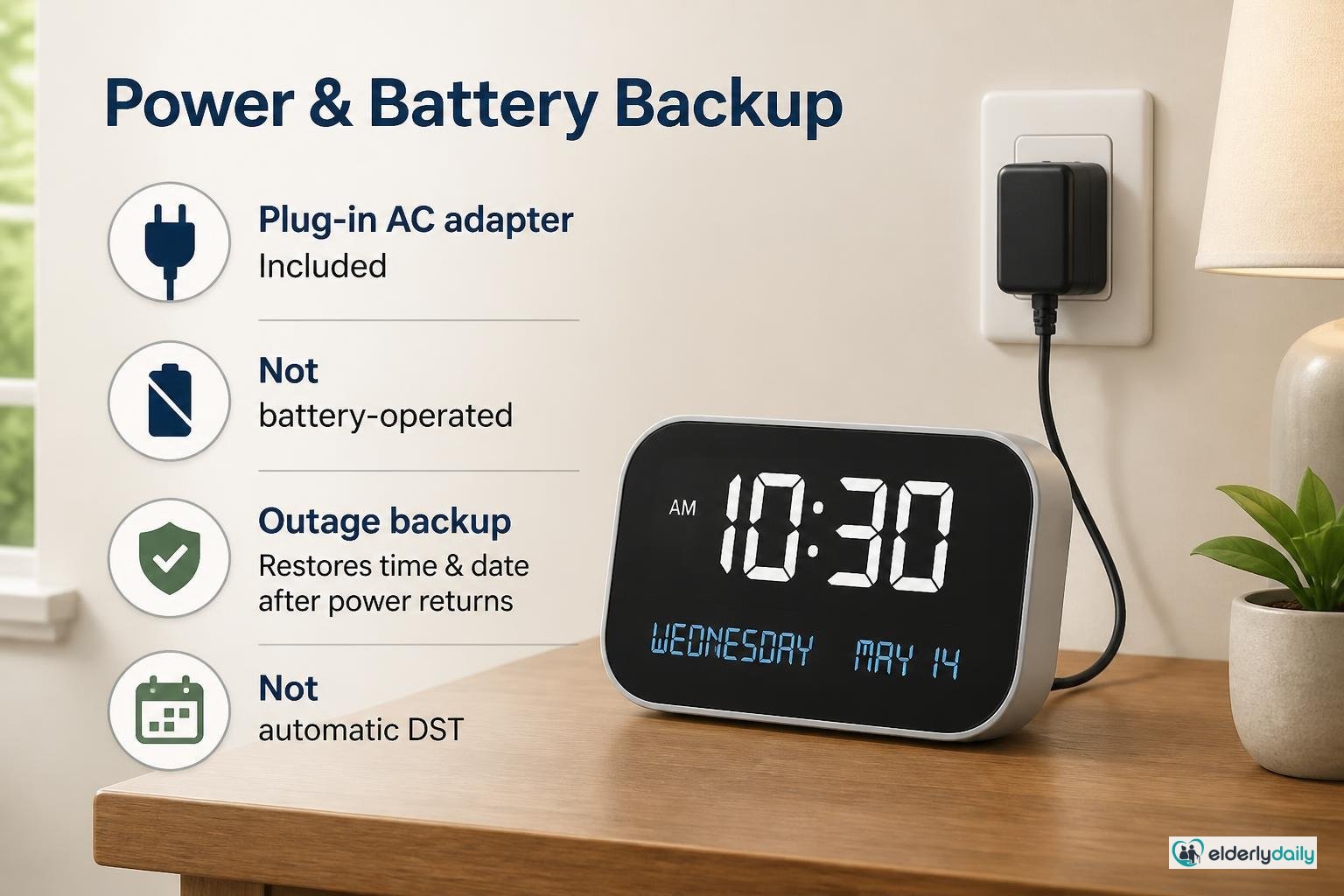 Illustration for SSYA 7-Inch Day Clock Review: Best Compact Dementia Clock (2026): Power and battery backup