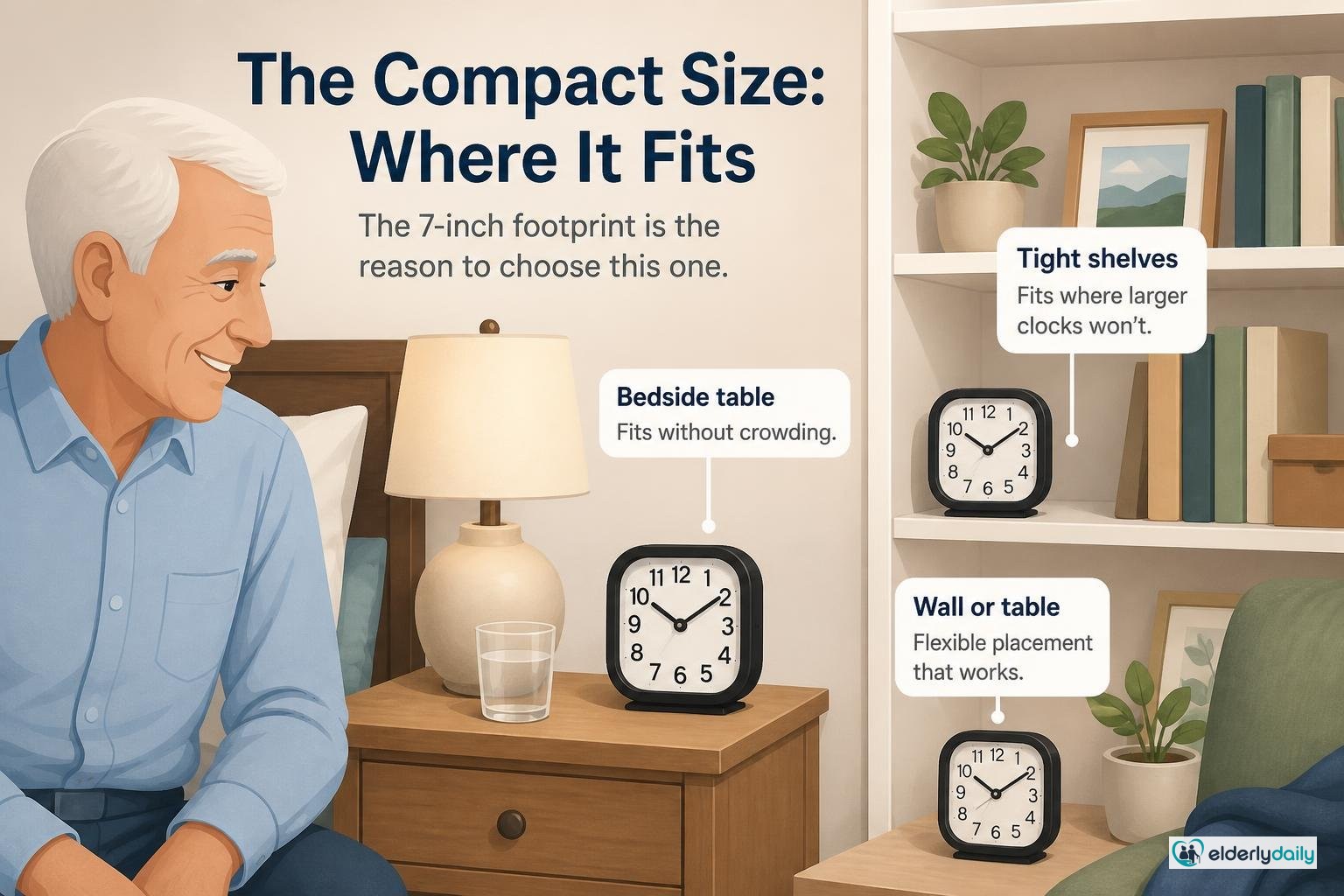 Illustration for SSYA 7-Inch Day Clock Review: Best Compact Dementia Clock (2026): The compact size: where it fits