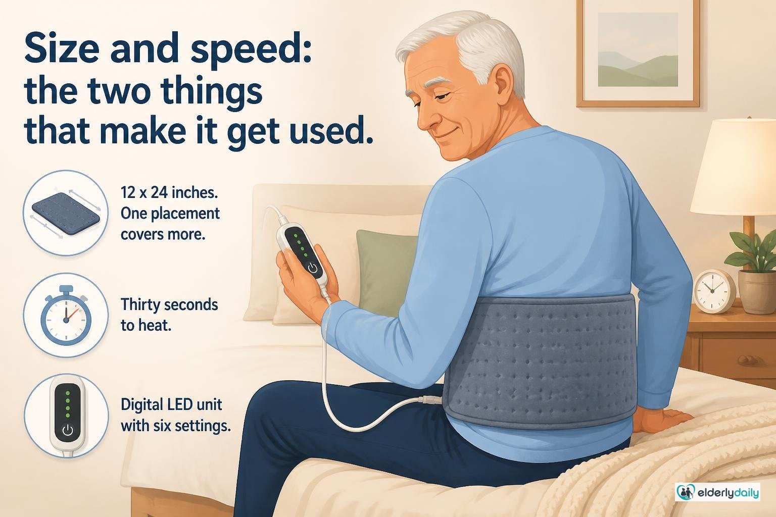 Illustration for Sunbeam XpressHeat XL Review: Best Heating Pad for Arthritis (2026): Size and speed: the two things that make it get used