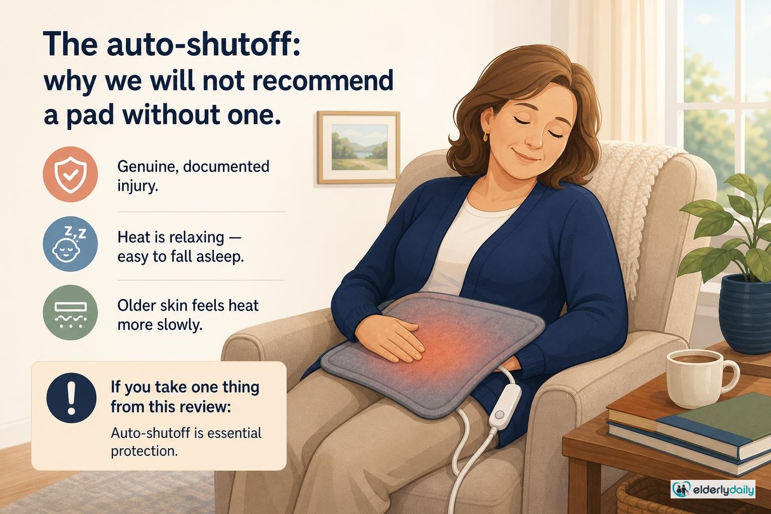 Illustration for Sunbeam XpressHeat XL Review: Best Heating Pad for Arthritis (2026): The auto-shutoff: why we will not recommend a pad without one