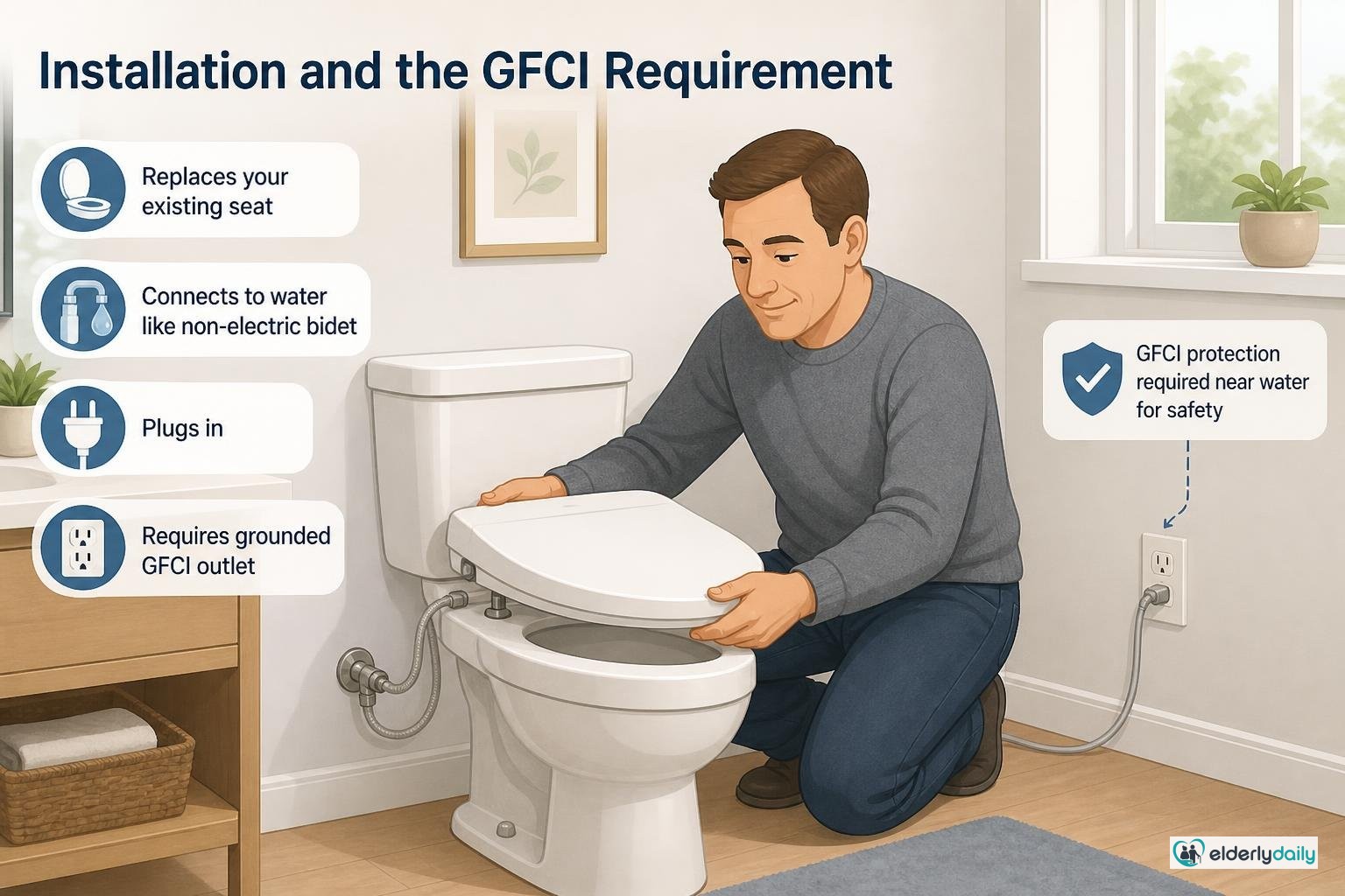 Illustration for TOTO Washlet C2 Review (2026): Fit, Controls & Setup: Installation and the GFCI requirement