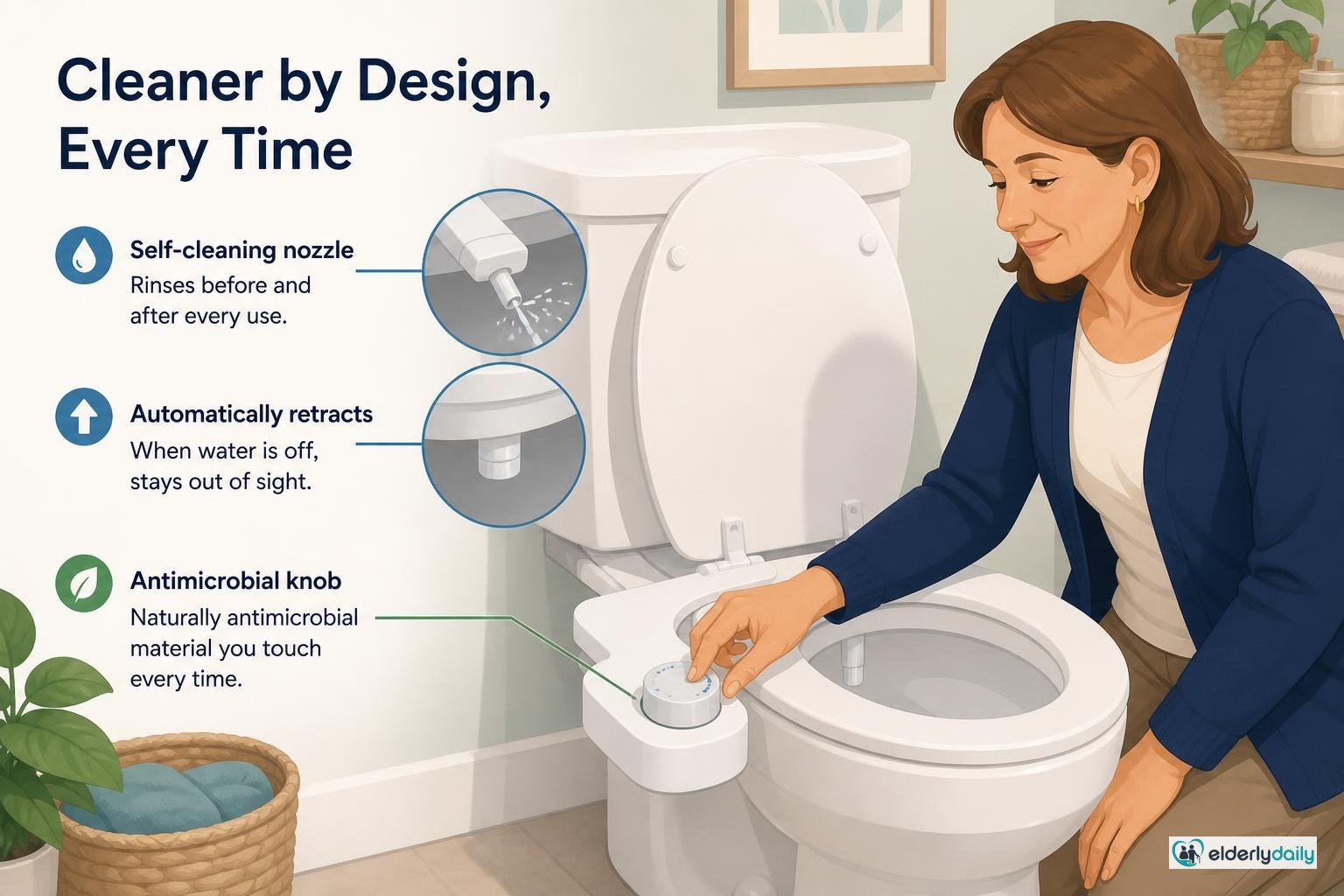 Illustration for TUSHY Classic 3.0 Review (2026): Fit, Controls & Setup: Self-cleaning nozzle and the antimicrobial knob