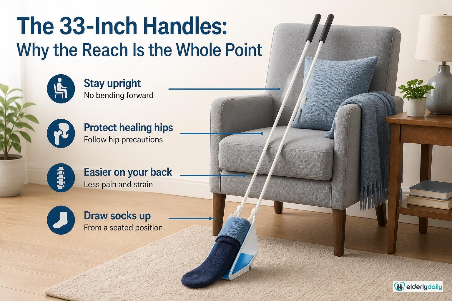 Illustration for Vive Sock Aid Review: Best Overall Sock Aid for Seniors (2026): The 33-inch handles: why the reach is the whole point